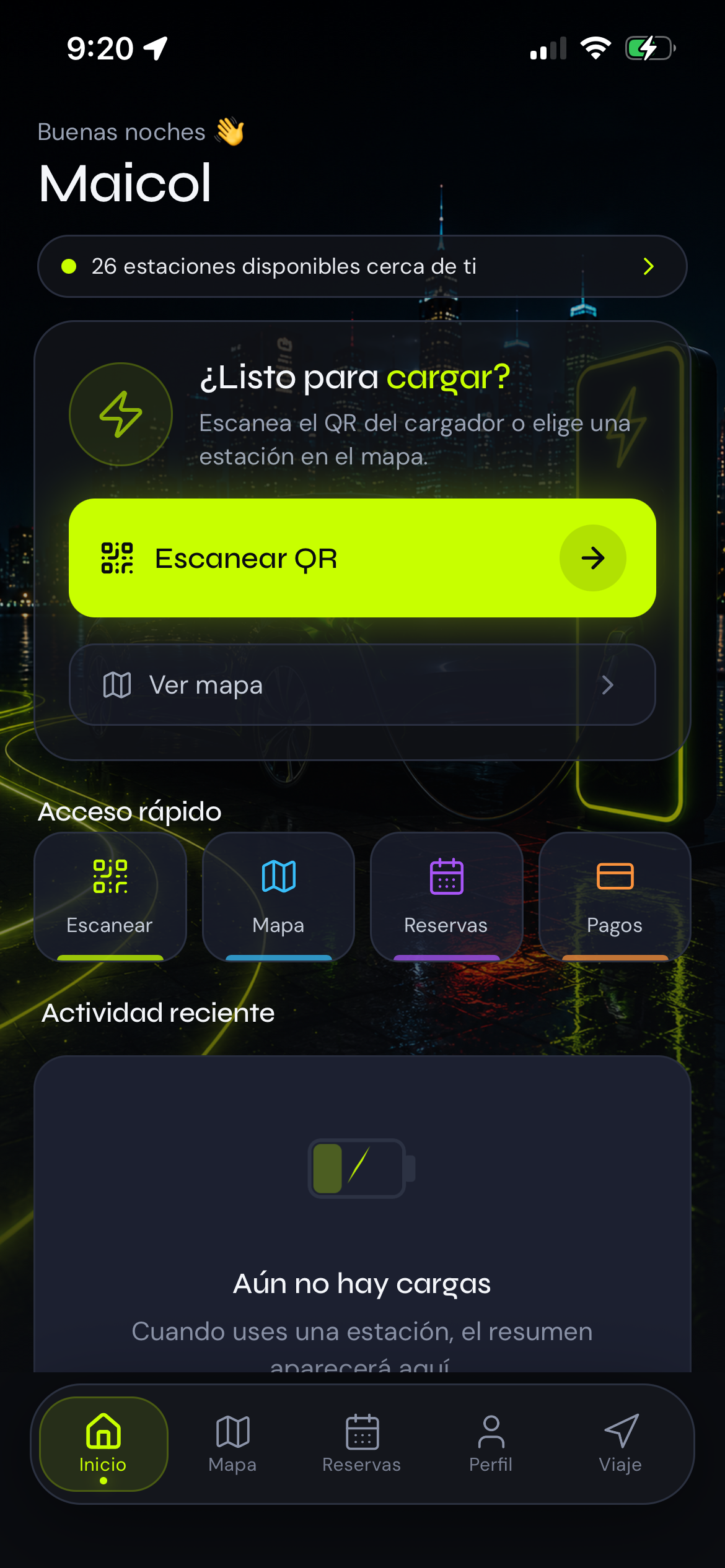 Voltpath — pantalla principal con QR y accesos rápidos