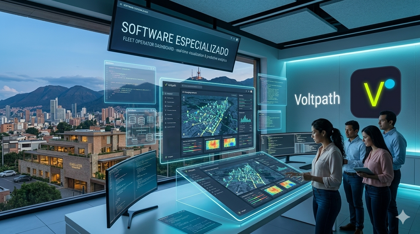 Equipo Voltpath operando el dashboard y la plataforma de software a medida